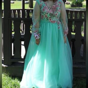 Aqua Gown with Floral Embroidery